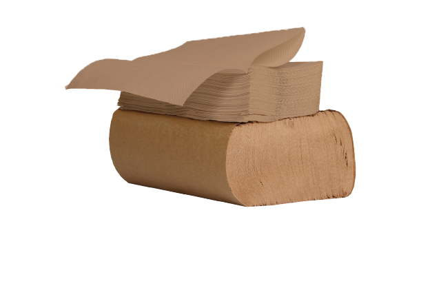 A bundle of natural multifold paper towels sits on top of another bundle that is wrapped in natural paper