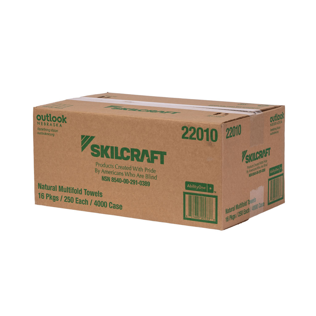 Box of Skilcraft Natural Multifold Towels, 4000 sheets, 100% recycled content, featuring branding from Outlook Nebraska, suitable for high-traffic restrooms.