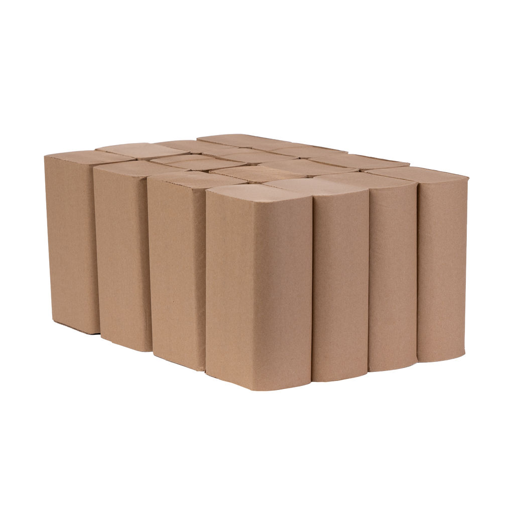 Multifold natural paper towels in stacked packaging, featuring 4000 sheets made from 100% recycled content, suitable for high-traffic restrooms.