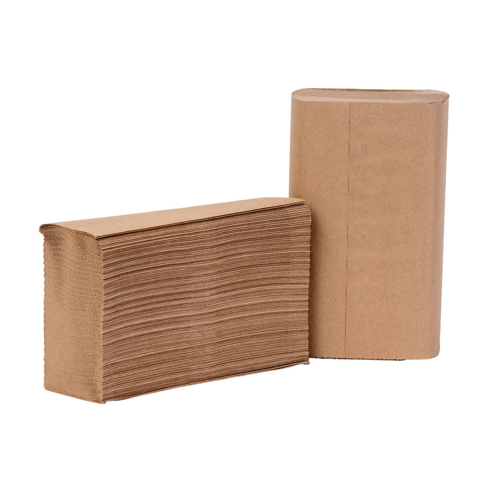 Multifold natural paper towels stacked, highlighting eco-friendly recycled content and suitable for high-traffic restrooms.