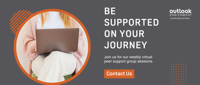 Woman on laptop. Text: "Be Supported on Your Journey. Join us for our weekly virtual peer support group sessions." Contact Us link.