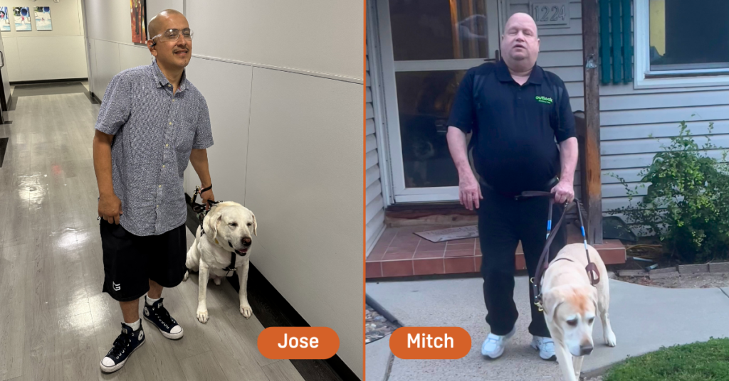 Features photos of Outlook associates with their guide dogs: Jose with Tiberius and Mitch with Anakin