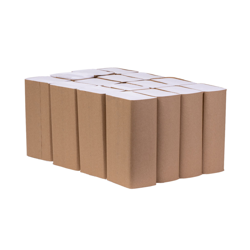 Multifold white paper towels stacked, showcasing 4000 sheets, environmentally-friendly, made from 100% recycled content, suitable for high-traffic restrooms.