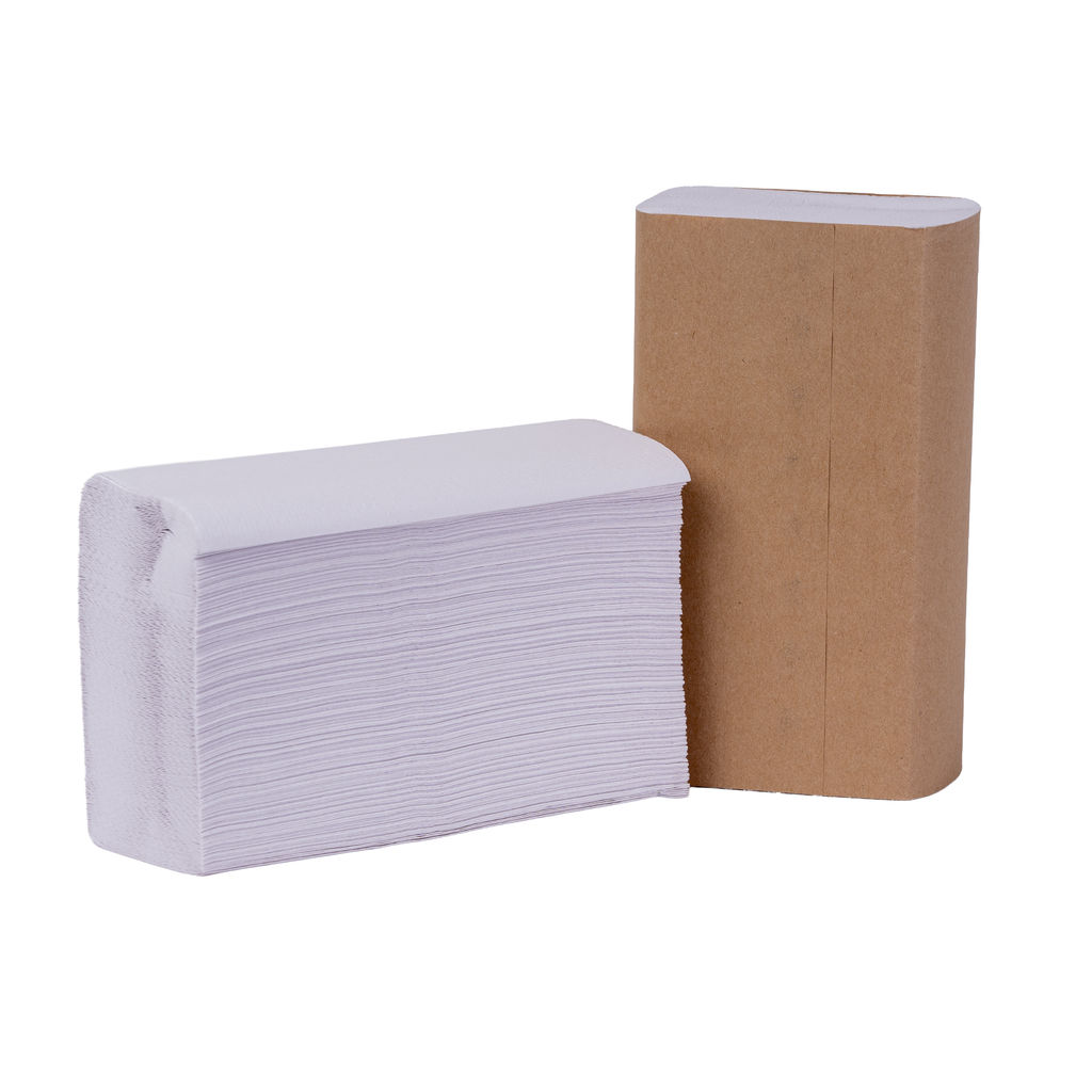 Multifold white paper towels stacked, showcasing recycled content and eco-friendly packaging, suitable for high-traffic restrooms.