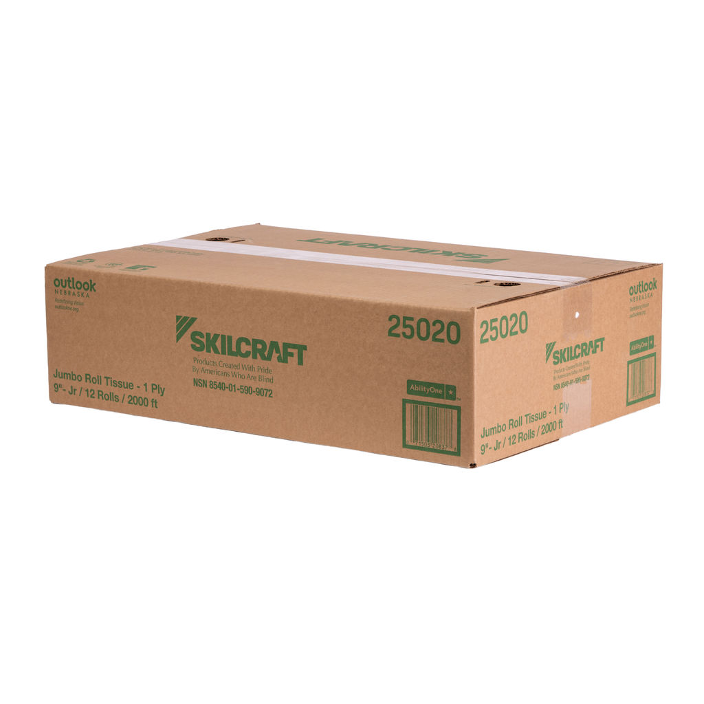 Box of Skilcraft Jumbo Roll Tissue, 1-Ply, 9" x 2000', featuring 12 rolls, labeled with Outlook Nebraska branding and product specifications.