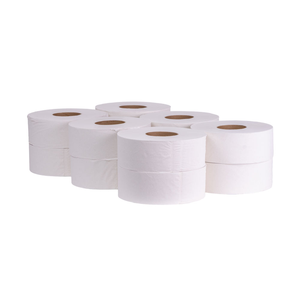 Jumbo roll toilet paper, 1-ply, stacked rolls, suitable for high-traffic restrooms, made from 100% recycled content, environmentally responsible.