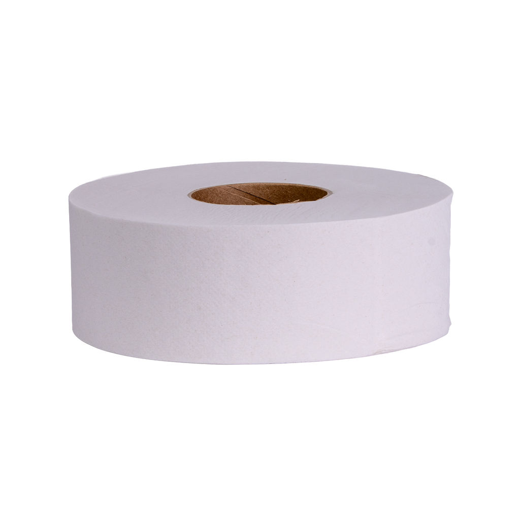 Jumbo roll toilet paper, 1-ply, 3.5″ x 2000′, featuring a white embossed design, suitable for high-traffic restrooms, made from 100% recycled materials.