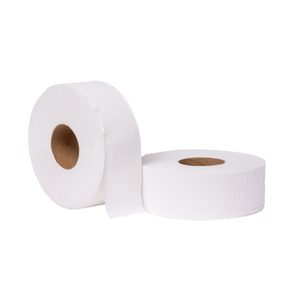 Jumbo roll toilet paper, 1-ply, made from 100% recycled content, ideal for high-traffic restrooms, showcasing quality and environmental responsibility.