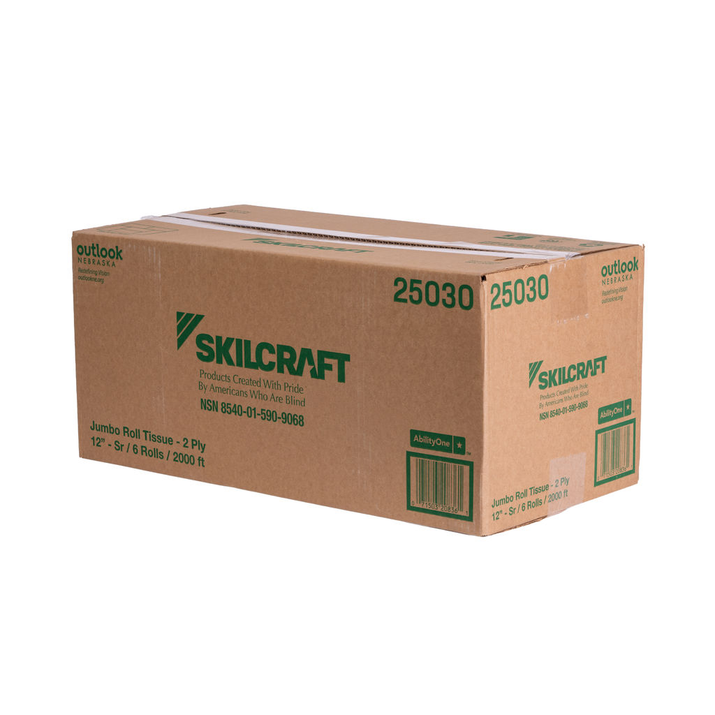 Box of Skilcraft Jumbo Roll Tissue, 2-Ply, featuring eco-friendly packaging, labeled with product details and made by Americans who are blind, suitable for high-traffic restrooms.