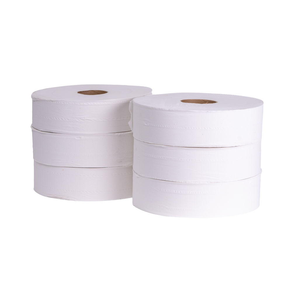 Jumbo roll toilet paper, 2-ply, stacked in rolls, showcasing eco-friendly design for high-traffic restrooms, made from 100% recycled content.