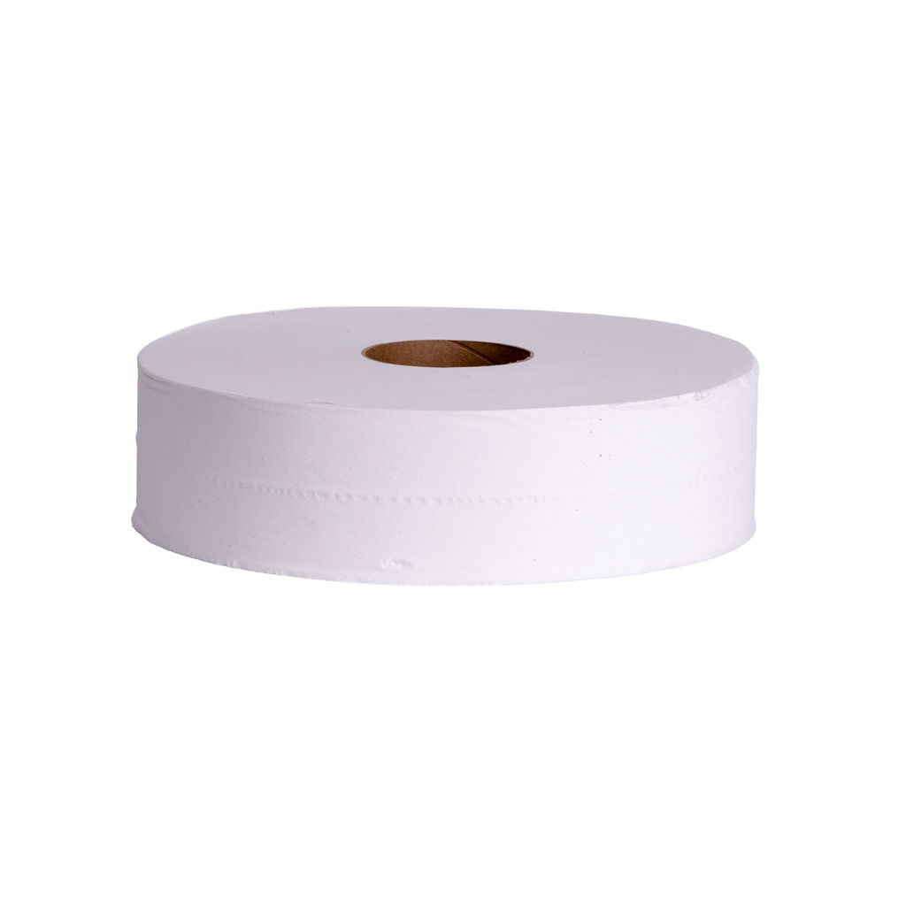Jumbo roll toilet paper, 2-ply, 3.5″ x 2000′, eco-friendly, made from 100% recycled content, suitable for high-traffic restrooms.