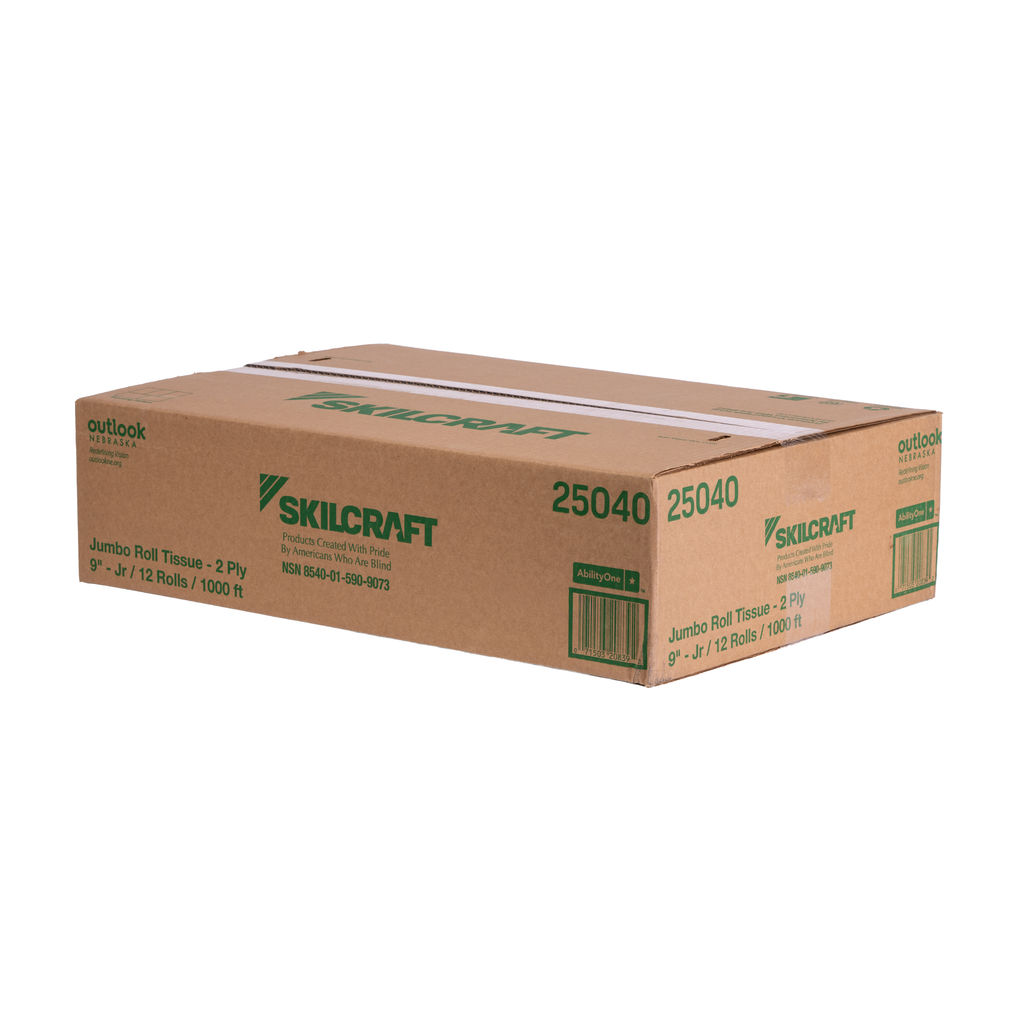 Box of Skilcraft Jumbo Roll Tissue, 2-Ply, featuring 12 rolls of 1000 feet each, labeled with Outlook Nebraska branding and eco-friendly product information.
