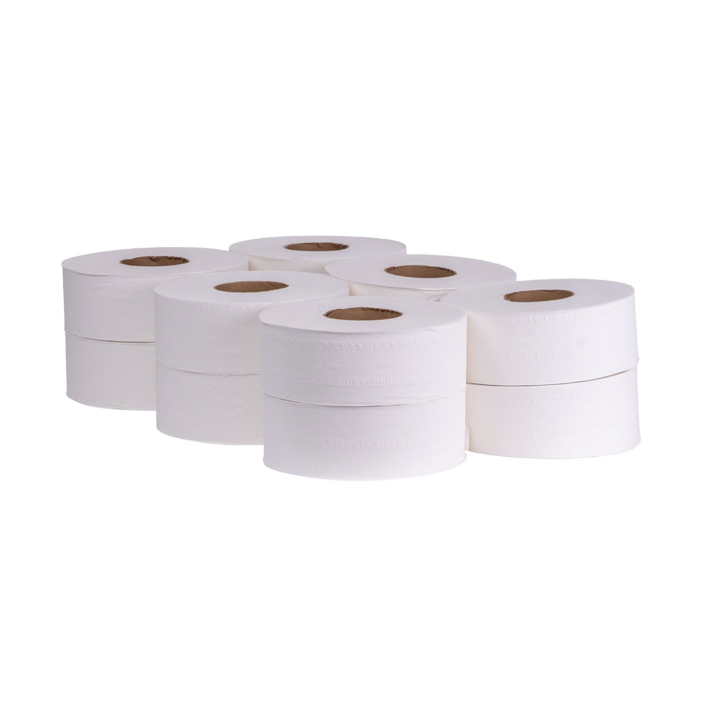 Jumbo roll toilet paper, 2-ply, stacked for high-traffic restroom use, made from 100% recycled materials.