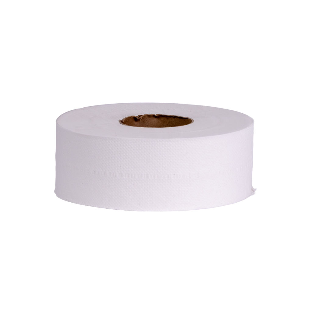 Jumbo roll toilet paper, 2-ply, eco-friendly, made from 100% recycled materials, suitable for high-traffic restrooms.