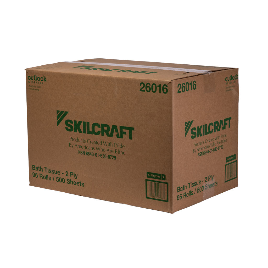Box of SKILCRAFT 2-ply bathroom tissue, featuring 96 rolls with 500 sheets each, made from 100% recycled materials, labeled with environmentally friendly specifications and produced by Americans who are blind.
