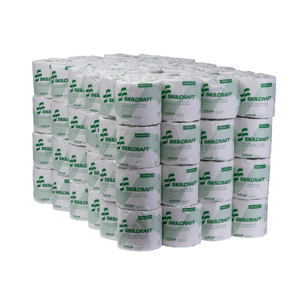 Standard roll tissue, 2-ply bathroom tissue rolls stacked, featuring SKILCRAFT branding, made from 100% recycled fiber, highlighting environmental sustainability.