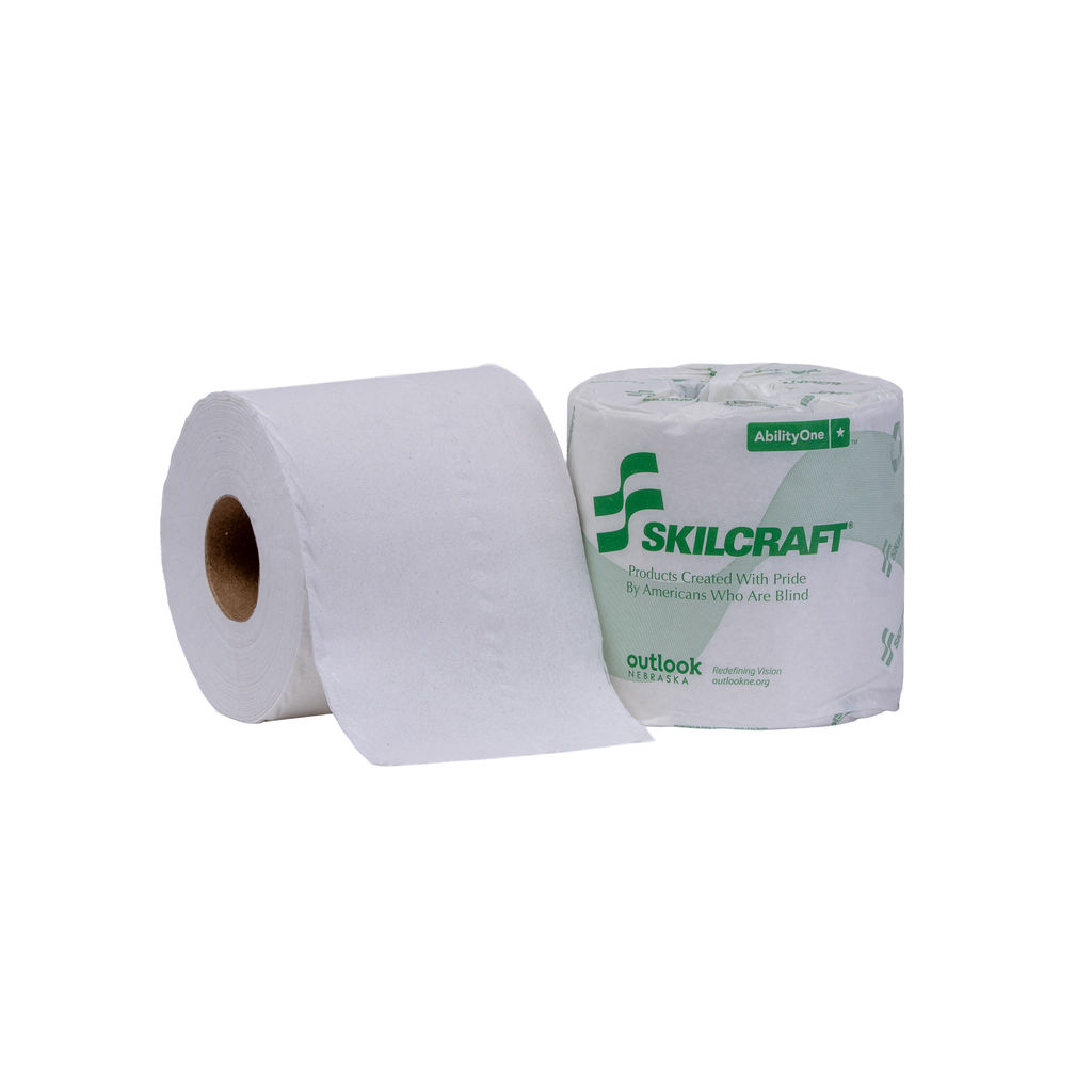 Standard roll 2-ply bathroom tissue, 100% recycled fiber, featuring SKILCRAFT branding and "Products Created With Pride By Americans Who Are Blind" text, showcasing environmentally friendly packaging.