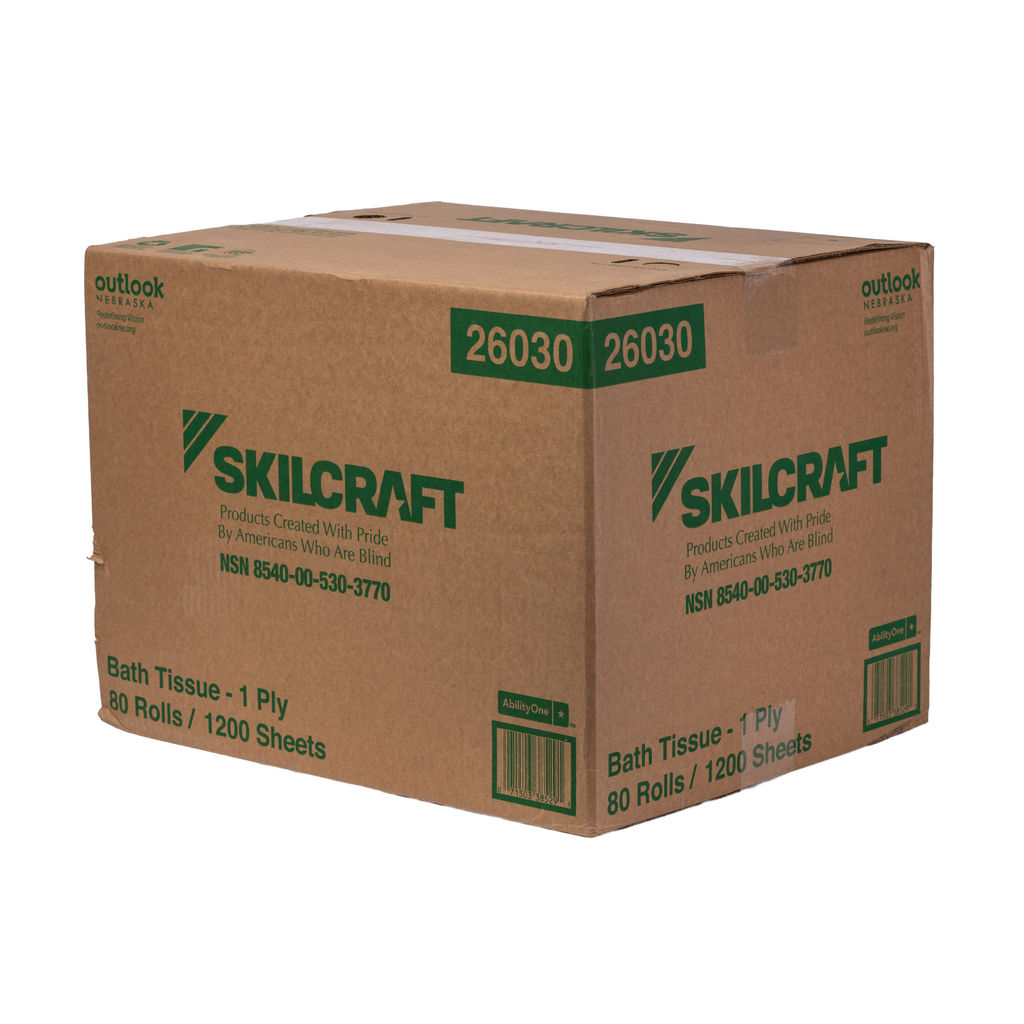 Box of SKILCRAFT 1-ply bath tissue, 80 rolls with 1200 sheets, featuring environmentally friendly packaging, made by Americans who are blind, from Outlook Nebraska.