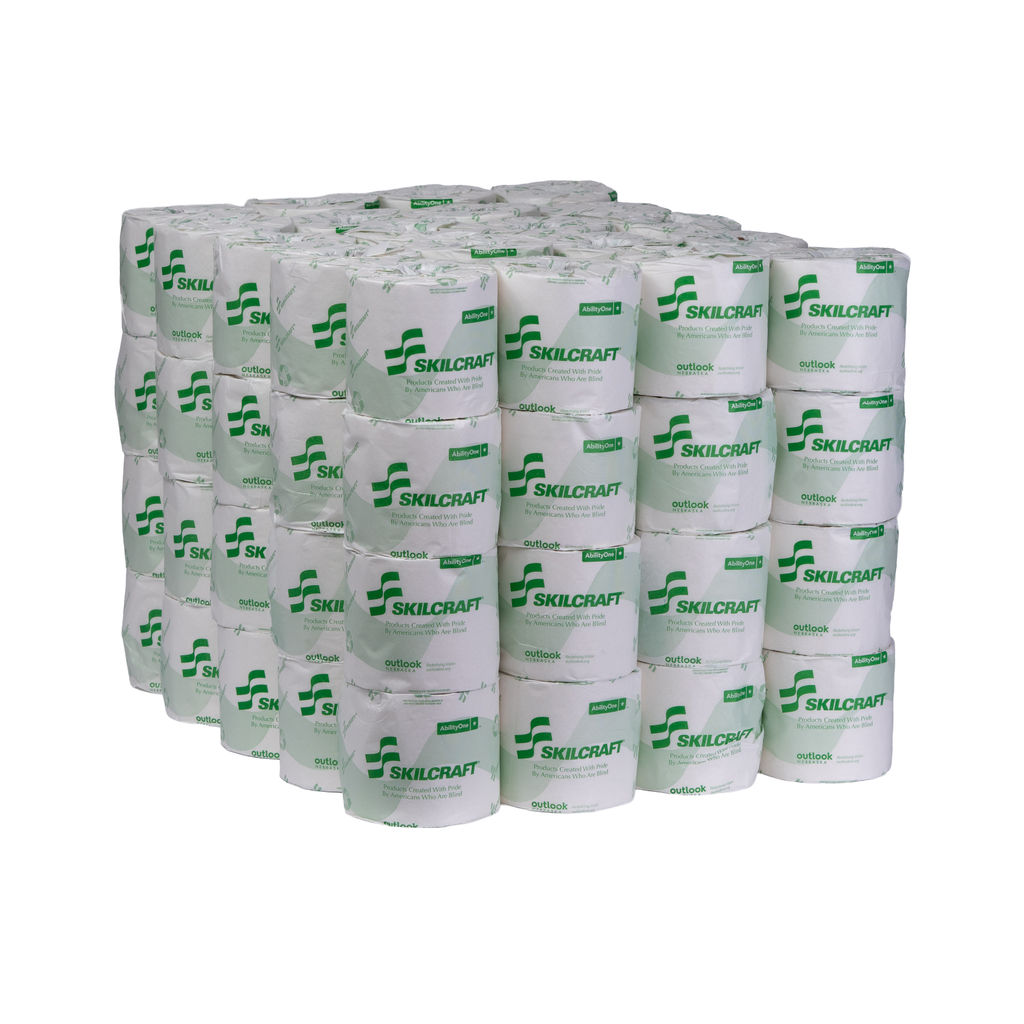 Standard Roll Tissue, 1-Ply, stacked rolls with SKILCRAFT branding, made from 100% recycled fiber, suitable for universal dispensers, emphasizing environmentally friendly features.