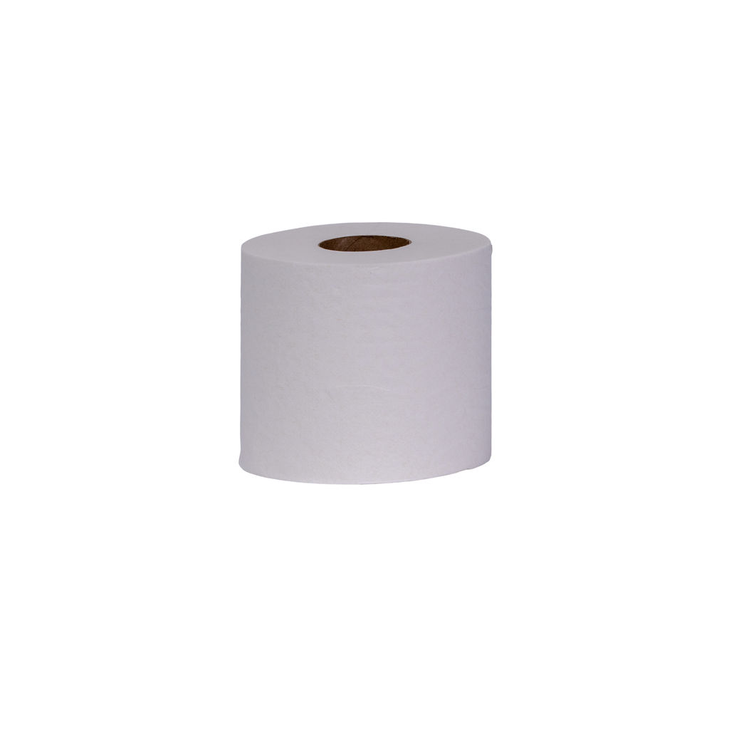 Standard roll of 1-ply white bathroom tissue made from 100% recycled fiber, highlighting environmentally friendly features.