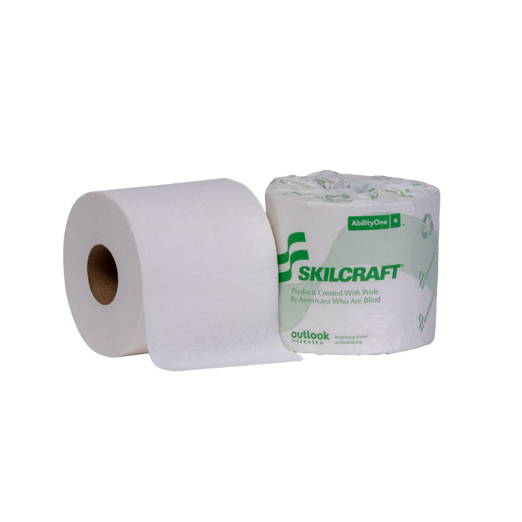 Standard Roll Tissue, 1-Ply bathroom tissue, 100% recycled fiber, white rolls, individually wrapped, made in the USA by Americans who are blind.