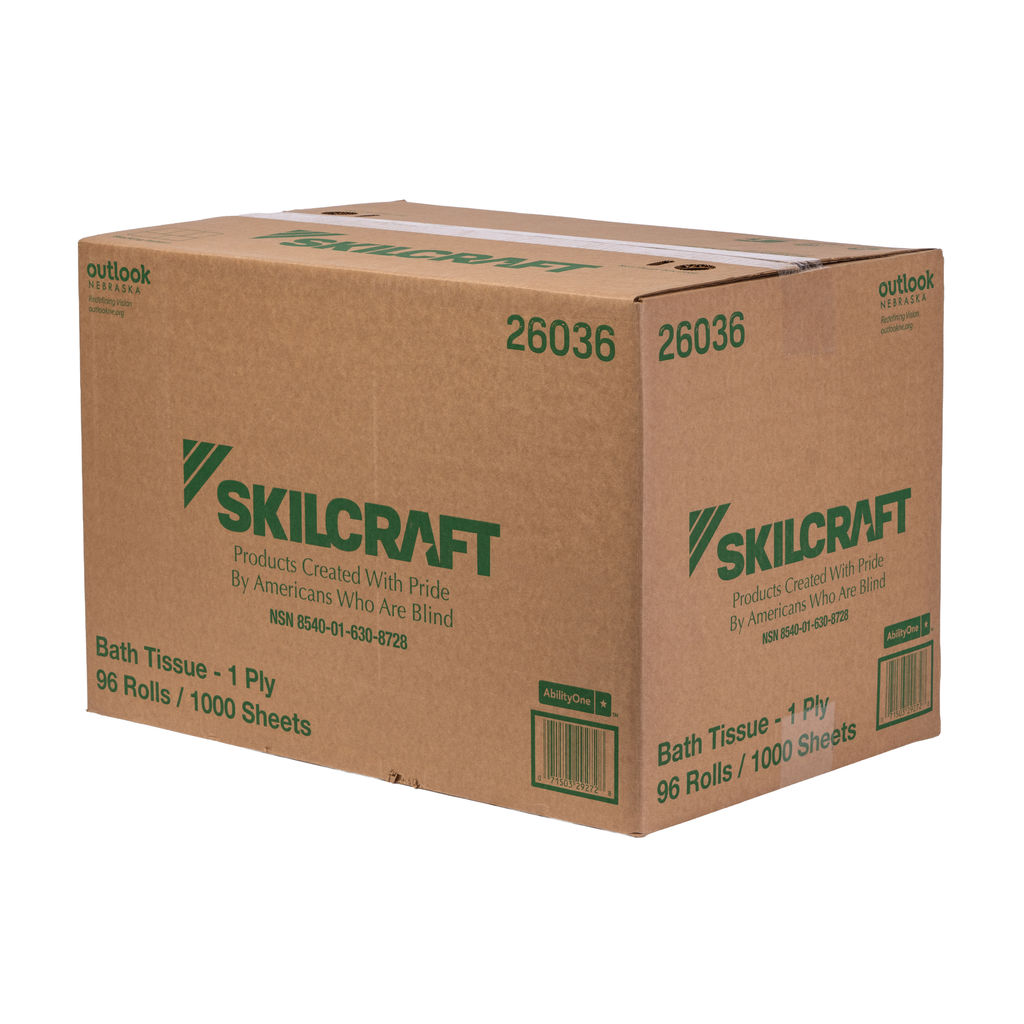 Cardboard box of Skilcraft 1-ply bathroom tissue, containing 96 rolls of 1000 sheets each, featuring eco-friendly attributes and produced by Outlook Nebraska.