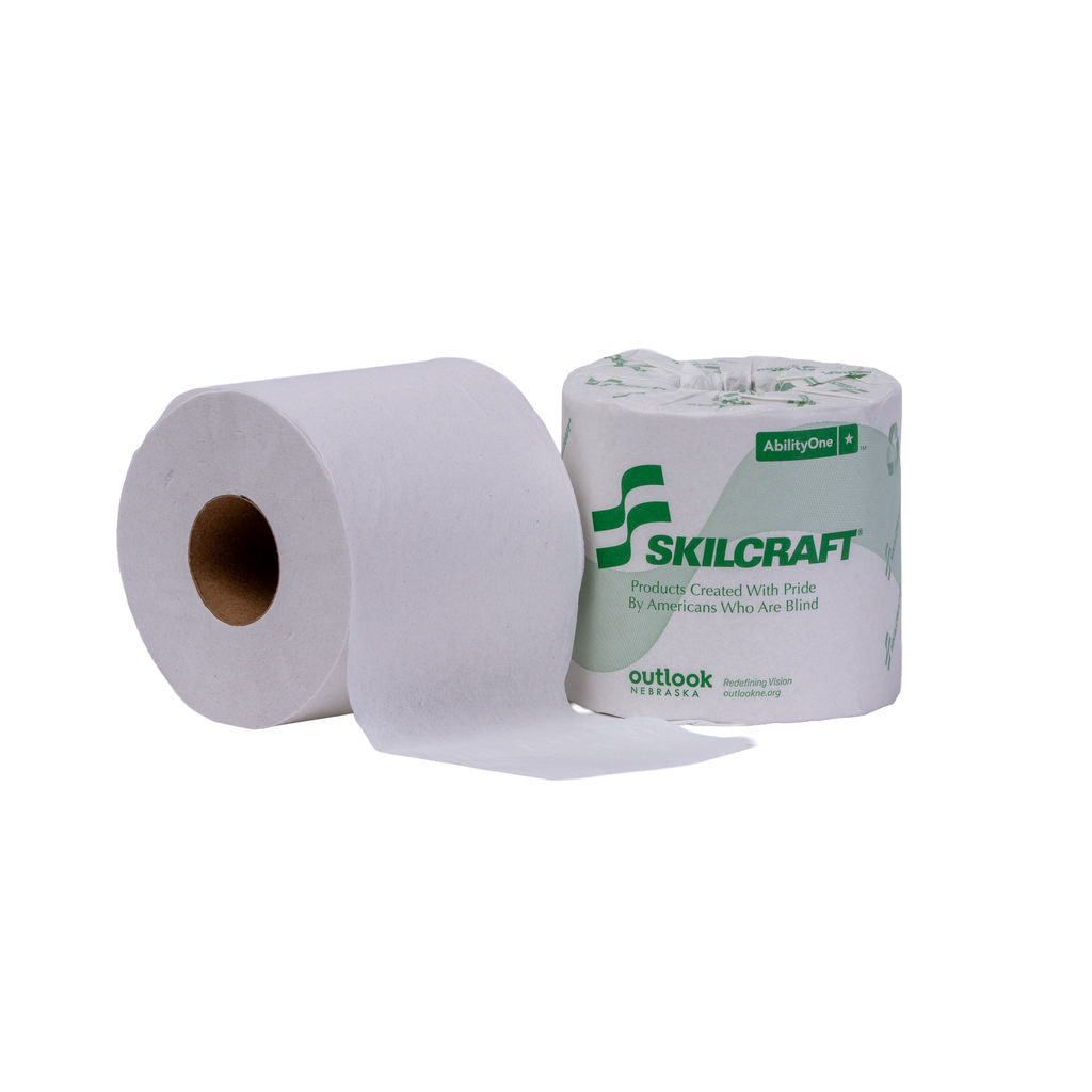 Standard roll bathroom tissue, 1-ply, made from 100% recycled fiber, featuring Skilcraft branding and packaging, emphasizing eco-friendly attributes and support for Americans who are blind.
