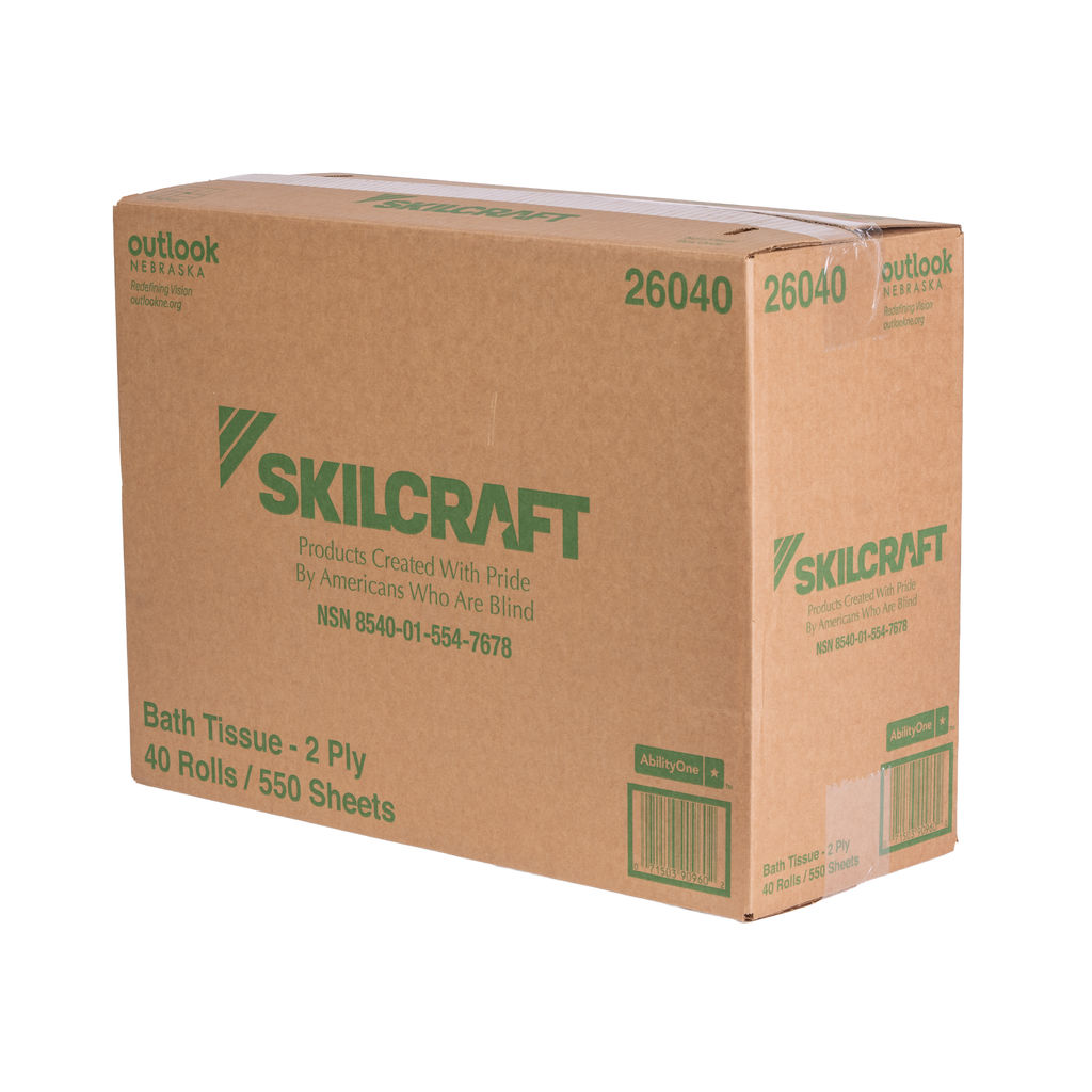 Box of SKILCRAFT 2-ply bathroom tissue, 40 rolls, 550 sheets, featuring eco-friendly branding and information about production by Americans who are blind.