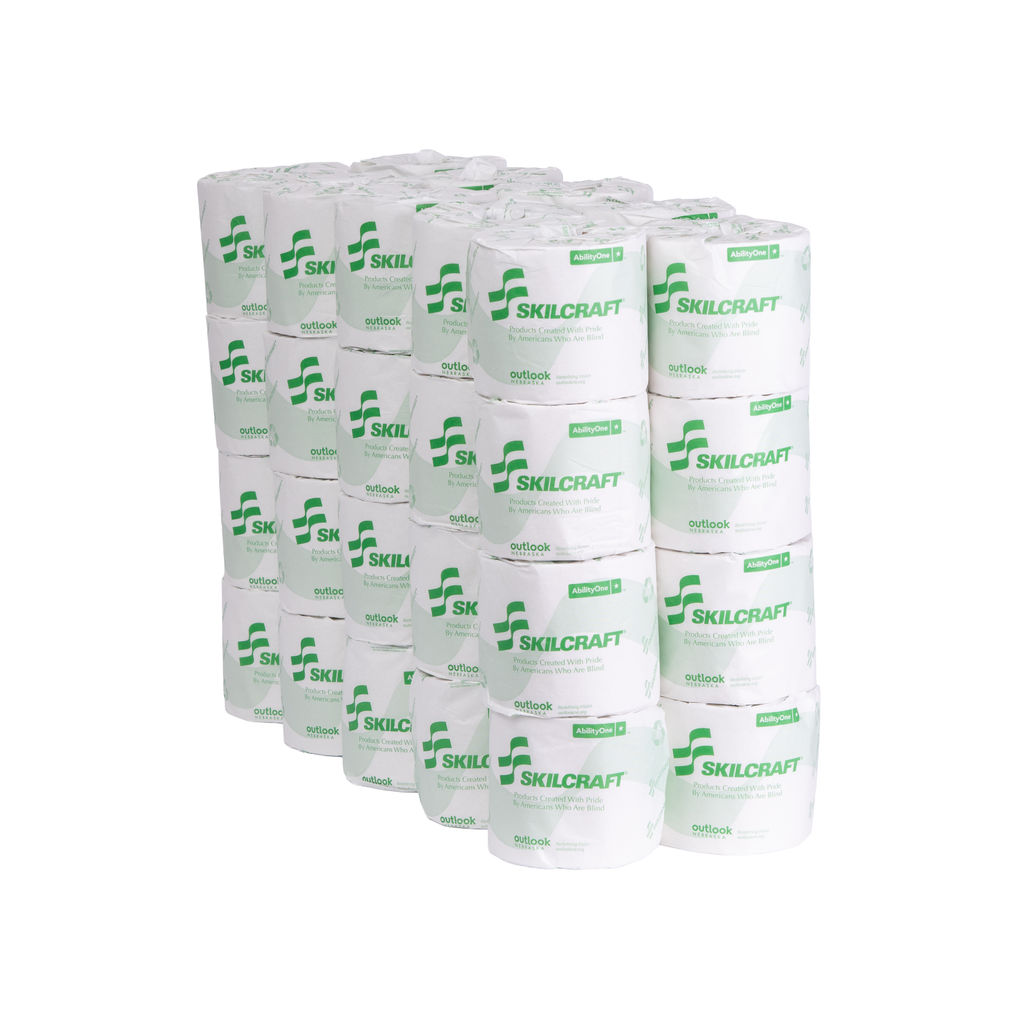 Standard roll bathroom tissue in stacked configuration, 2-ply, 100% recycled fiber, featuring SKILCRAFT logo, environmentally friendly product by Outlook Nebraska.