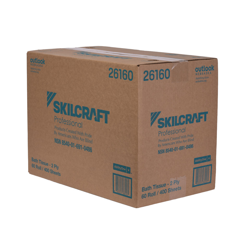 SKILCRAFT Professional bath tissue packaging, 2-ply, 400 sheets per roll, emphasizing eco-friendliness and employment for Americans who are blind.