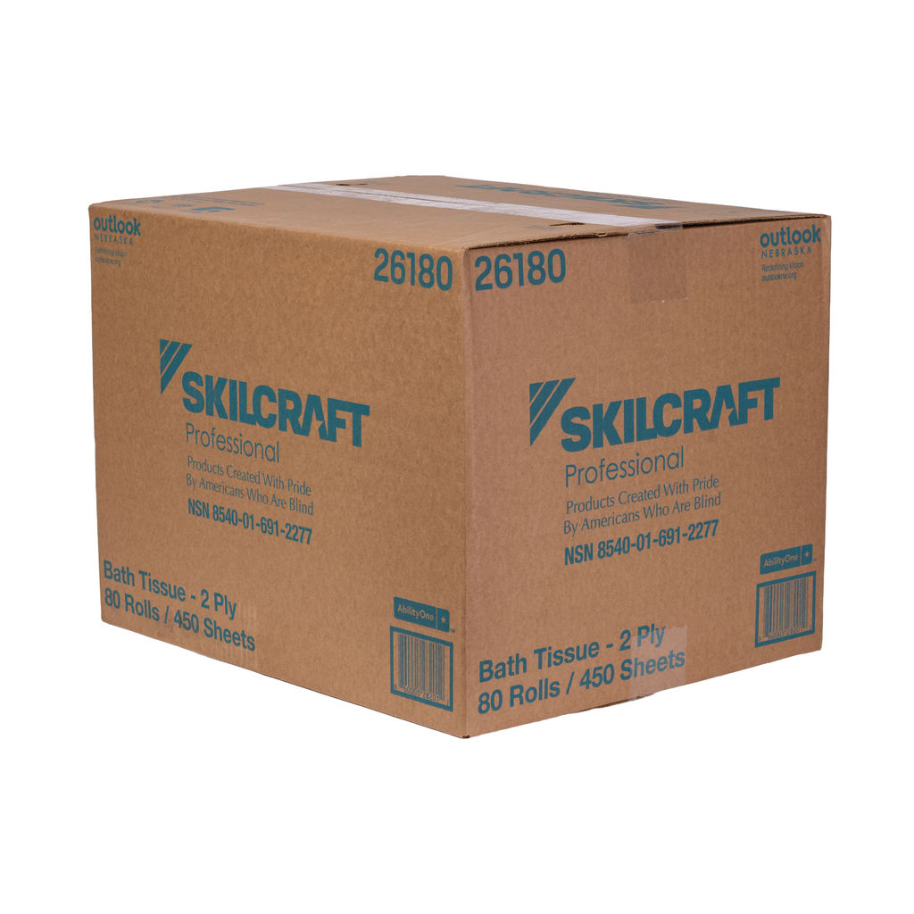 SKILCRAFT Professional standard roll tissue packaging, 2-Ply, featuring 80 rolls with 450 sheets each, emphasizing eco-friendliness and compliance with federal requirements.