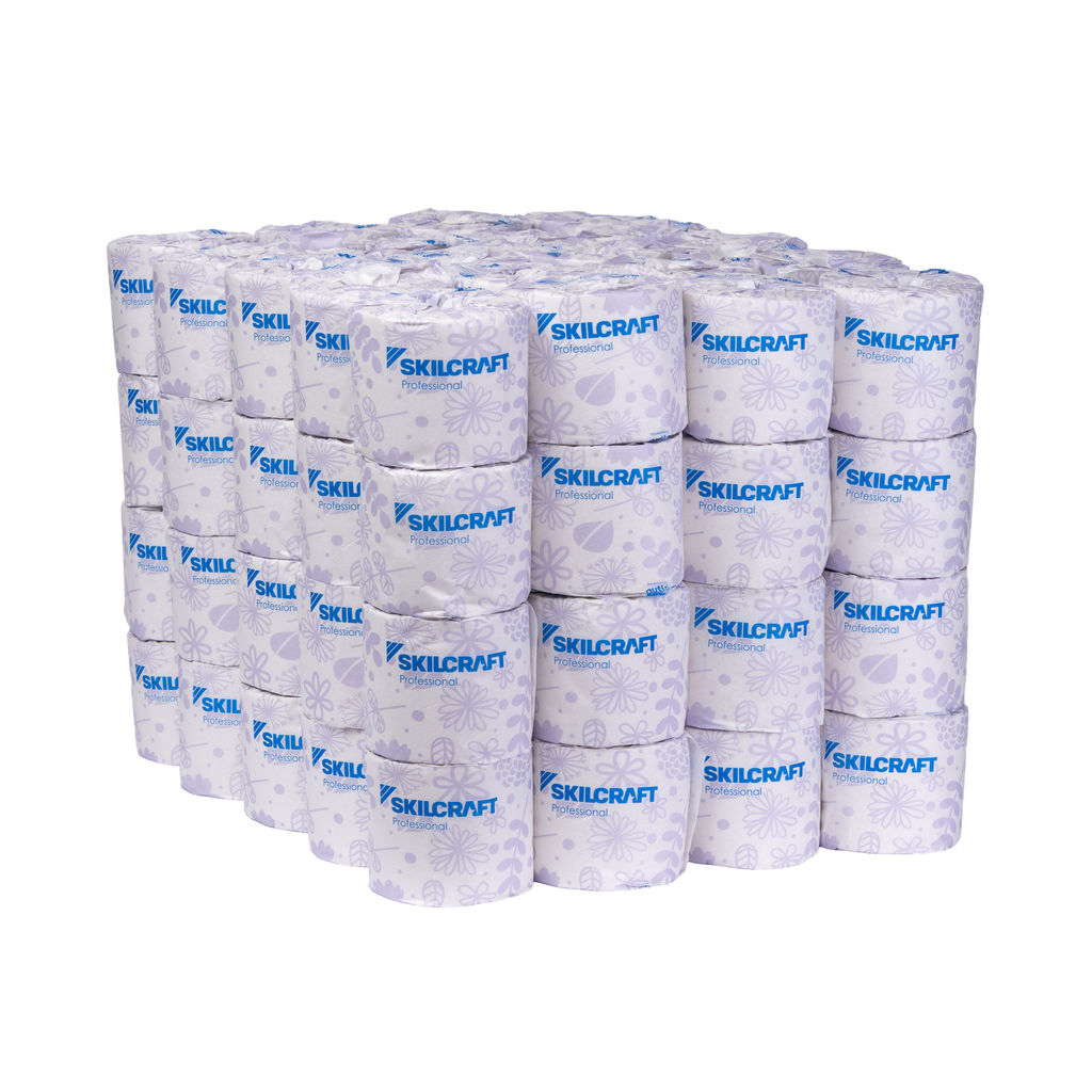 SKILCRAFT Professional standard roll tissue stack, 2-ply, 450 sheets per roll, suitable for small offices and hotels, eco-friendly, individually wrapped.