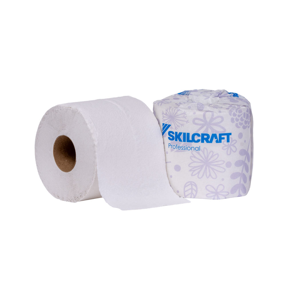 SKILCRAFT Professional standard roll tissue, 2-ply, white, featuring a roll and individually wrapped packaging, suitable for small offices and hotels.