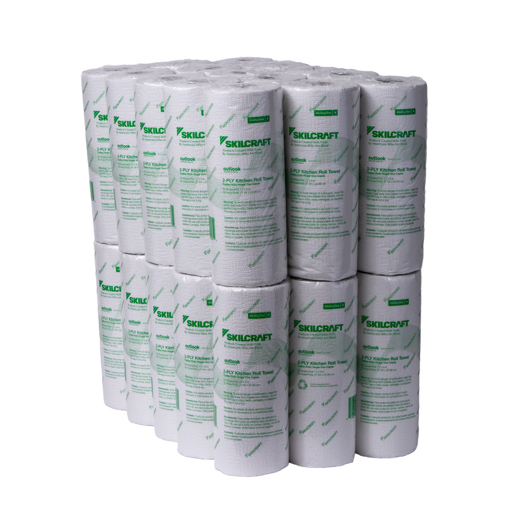 Stack of eco-friendly 2-ply kitchen roll towels, individually wrapped, featuring green branding and specifications, ideal for kitchens and industrial settings.