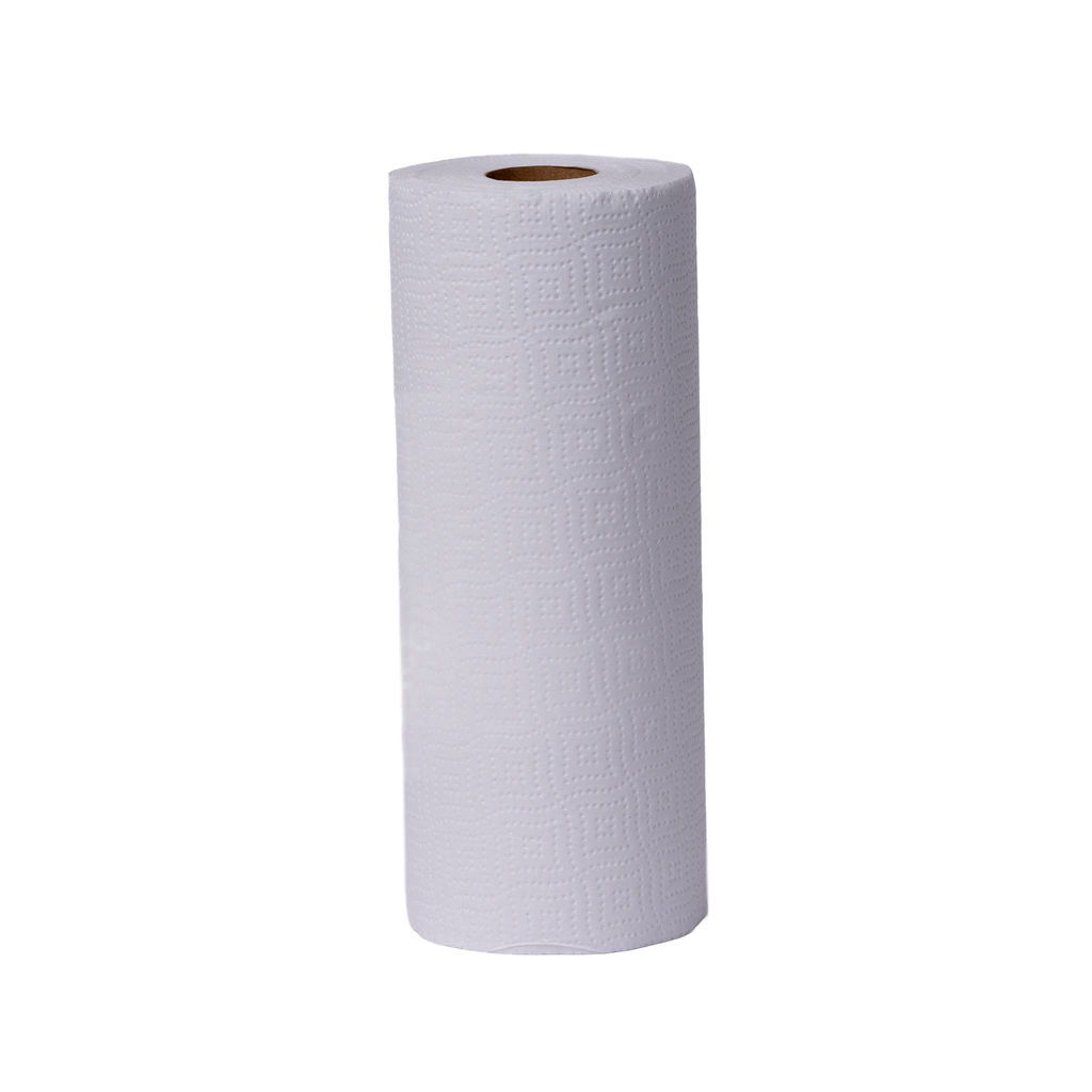 Kitchen roll towel in white, embossed design, showcasing eco-friendly features, 100% recycled material, ideal for kitchens and industrial settings.