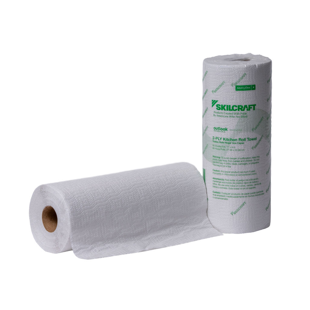 2-ply kitchen roll towel with embossed texture, environmentally responsible, made from 100% recycled content, featuring Skilcraft branding, suitable for kitchens and industrial settings.