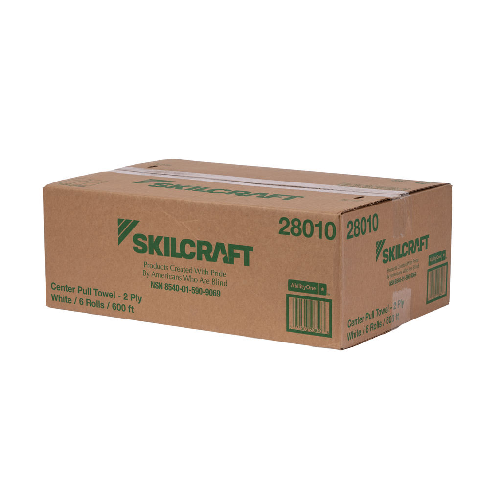 Cardboard box of Skilcraft Center Pull Towels, 2-ply, white, containing 6 rolls, each 600 feet long, featuring text promoting products made by Americans who are blind.
