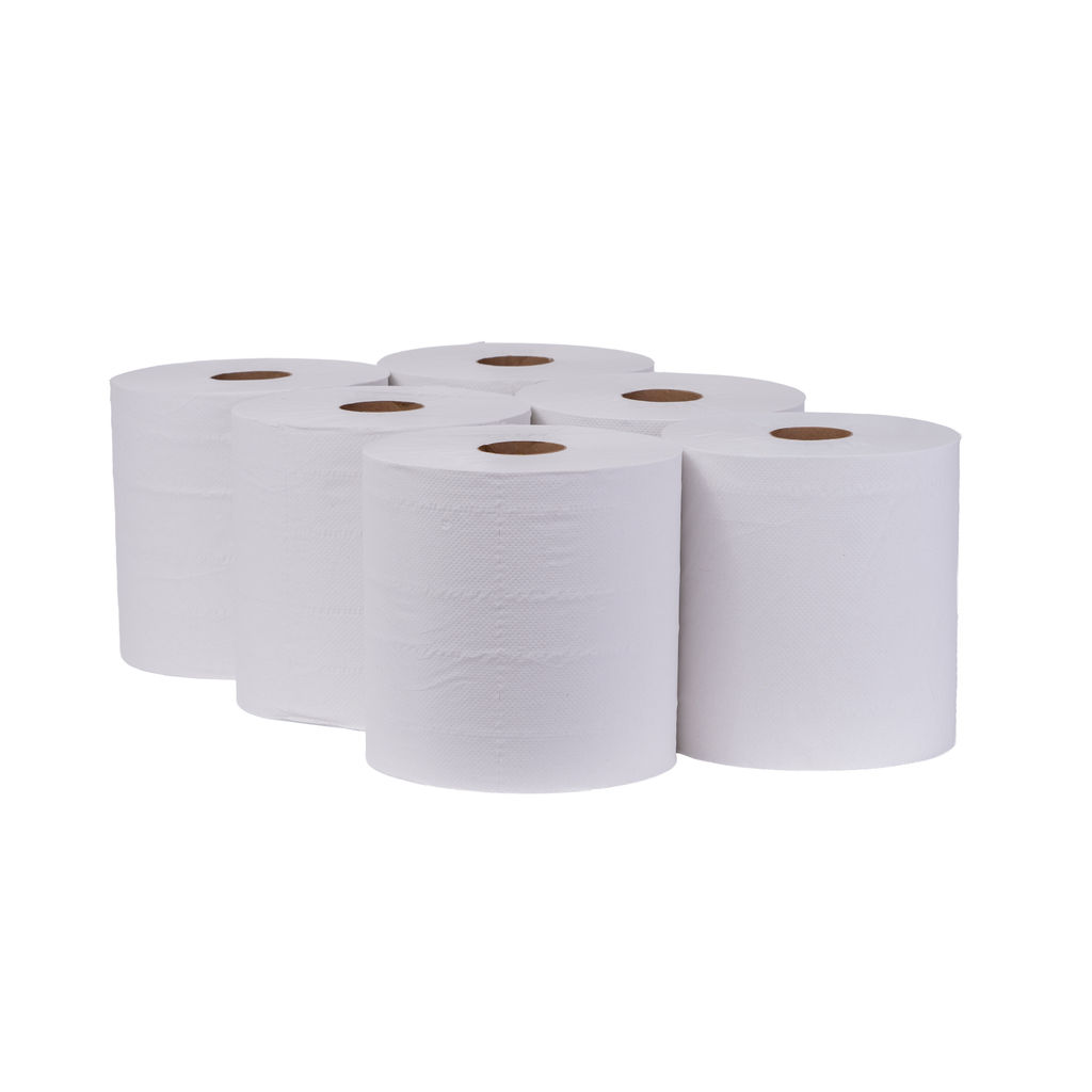 Center pull white towels in rolls, showcasing eco-friendly 2-ply design with micro-emboss for softness and absorbency, suitable for universal dispensers.