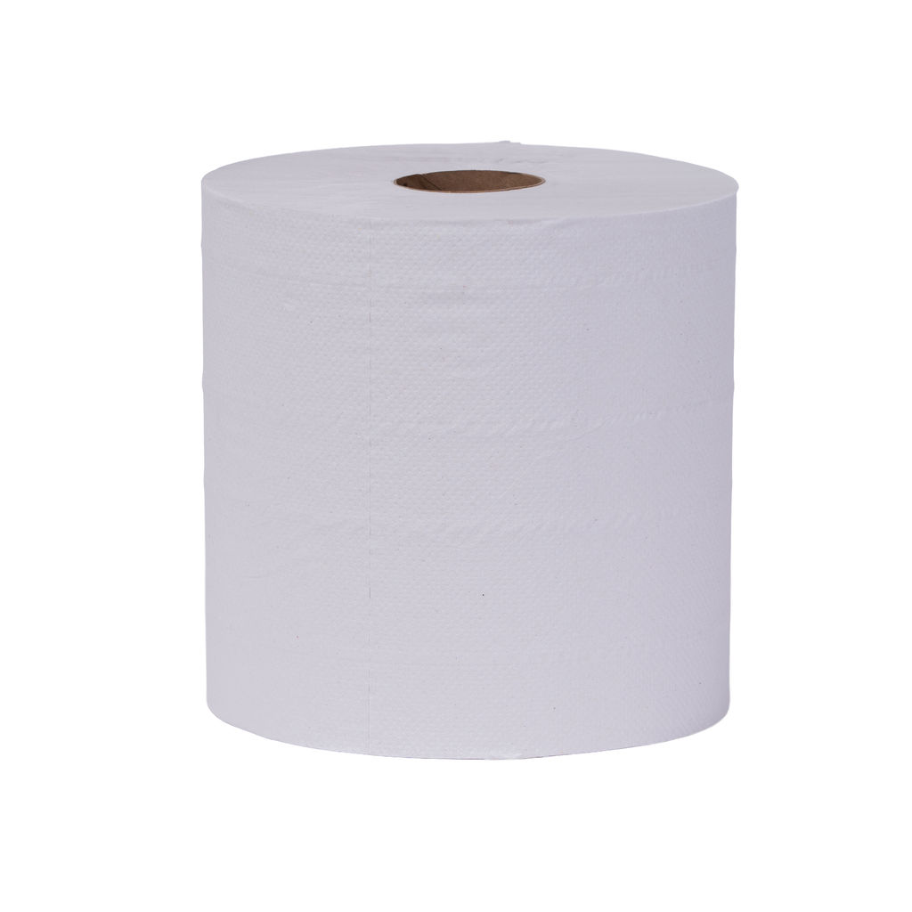 Center pull white towel roll, 2-ply, 12" x 8.25", eco-friendly, suitable for universal dispensers, highlighting absorbency and softness, made in the USA.