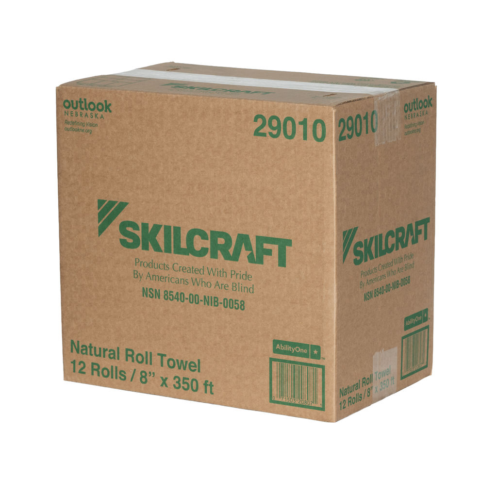 Cardboard box of Hardwound Natural Towels, labeled with specifications, including "Natural Roll Towel," "12 Rolls," and "8” x 350 ft," featuring the Skilcraft logo and indicating production by Americans who are blind.