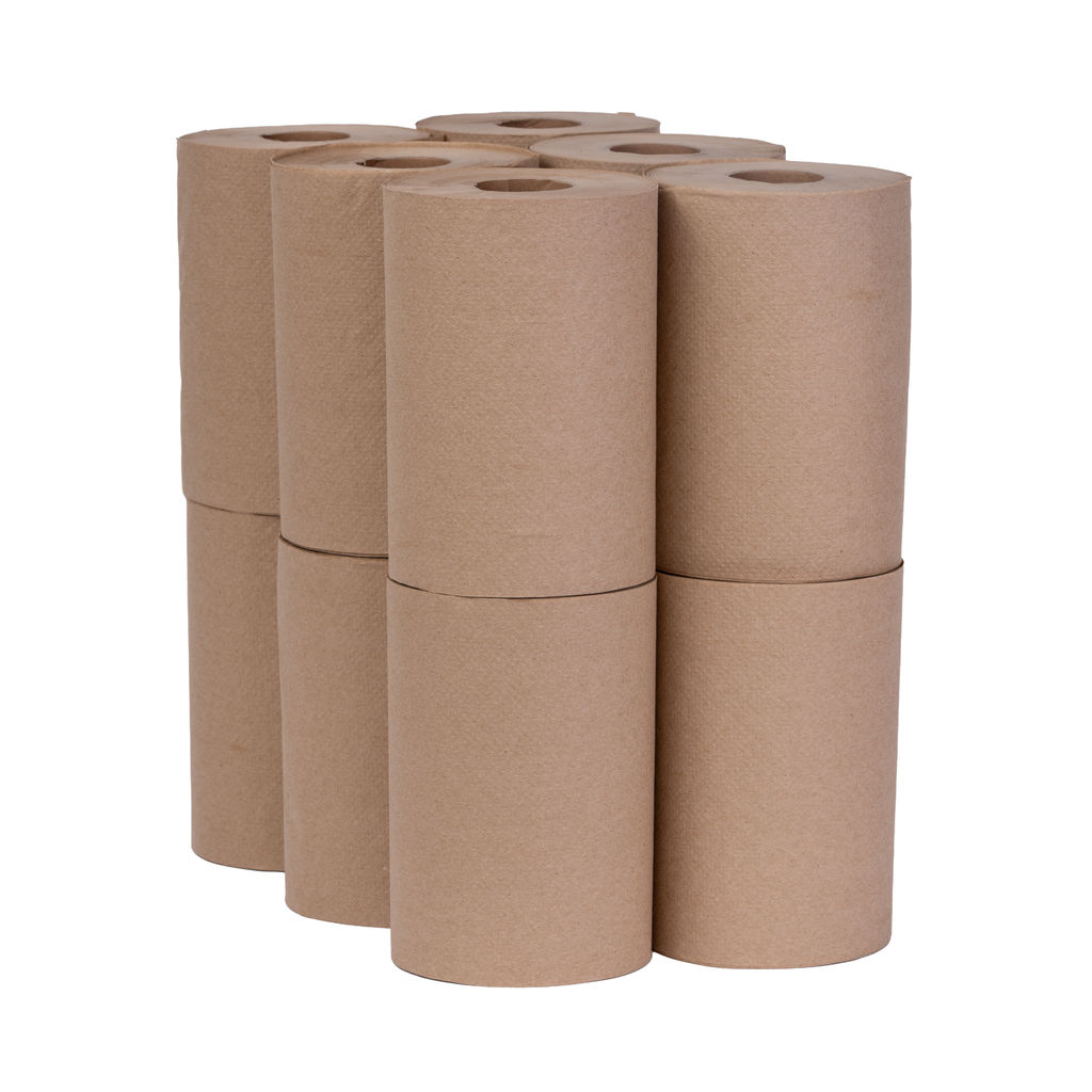 Hardwound natural towels stacked in rolls, emphasizing eco-friendly design and compatibility with universal dispensers.