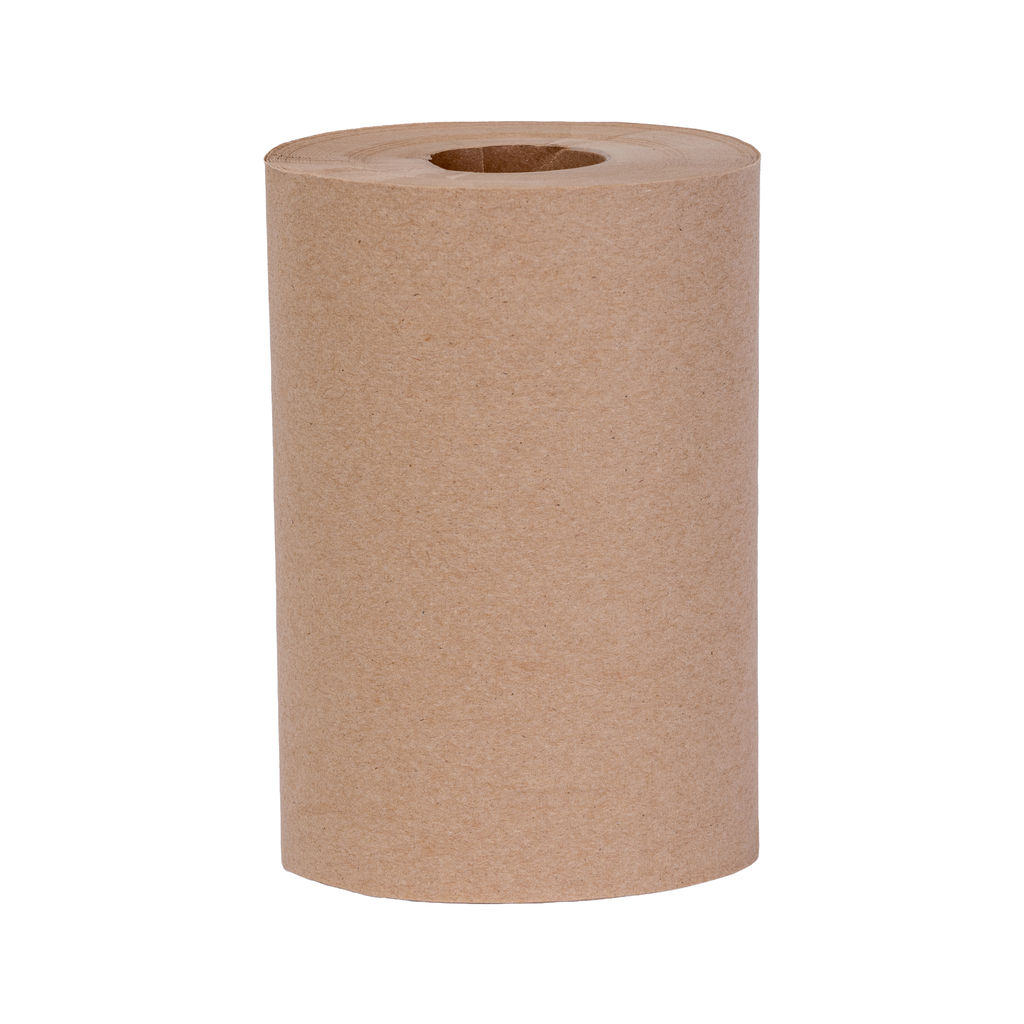 Hardwound natural towel roll, 8 inches wide and 350 feet long, featuring eco-friendly recycled materials, suitable for universal dispensers.