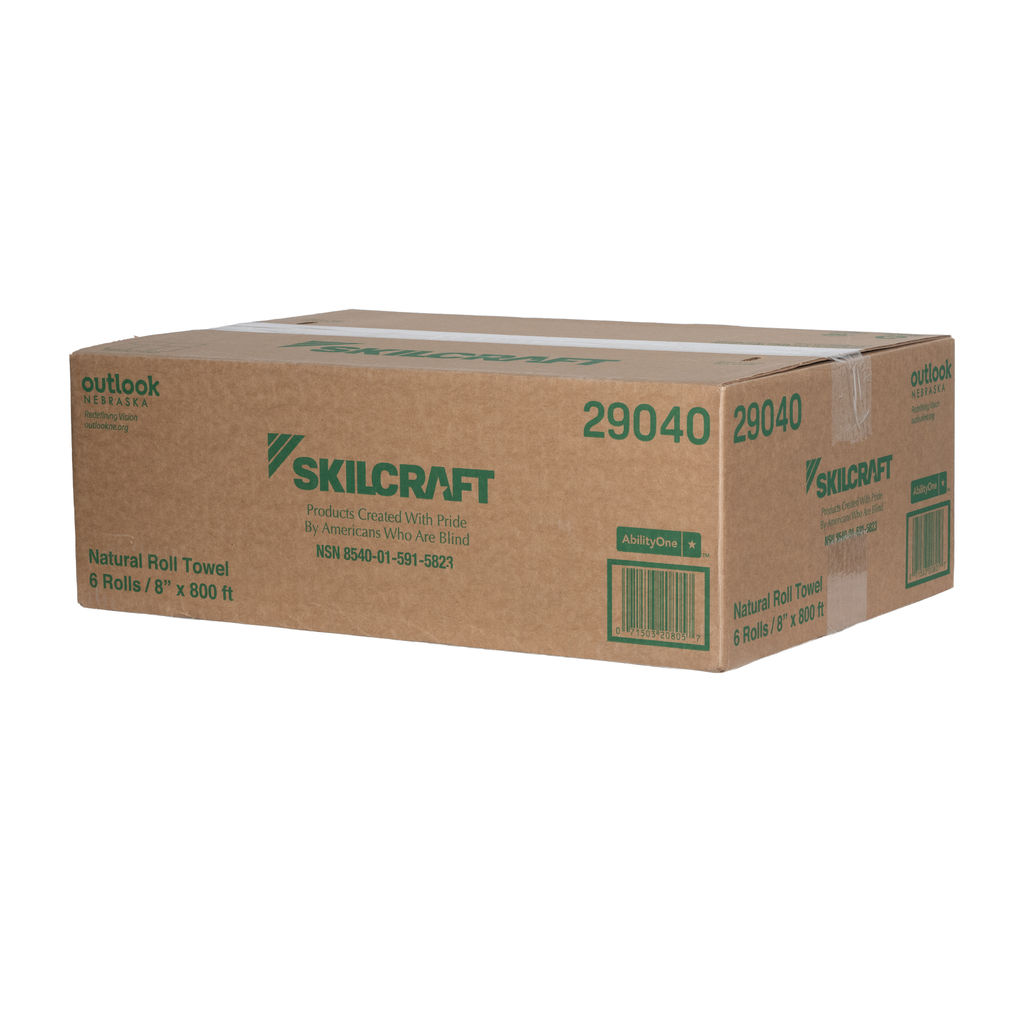 Cardboard box of Hardwound Natural Towels, labeled "SKILCRAFT," containing 6 rolls of 8" x 800 ft towels, promoting recycled materials and produced by Americans who are blind.