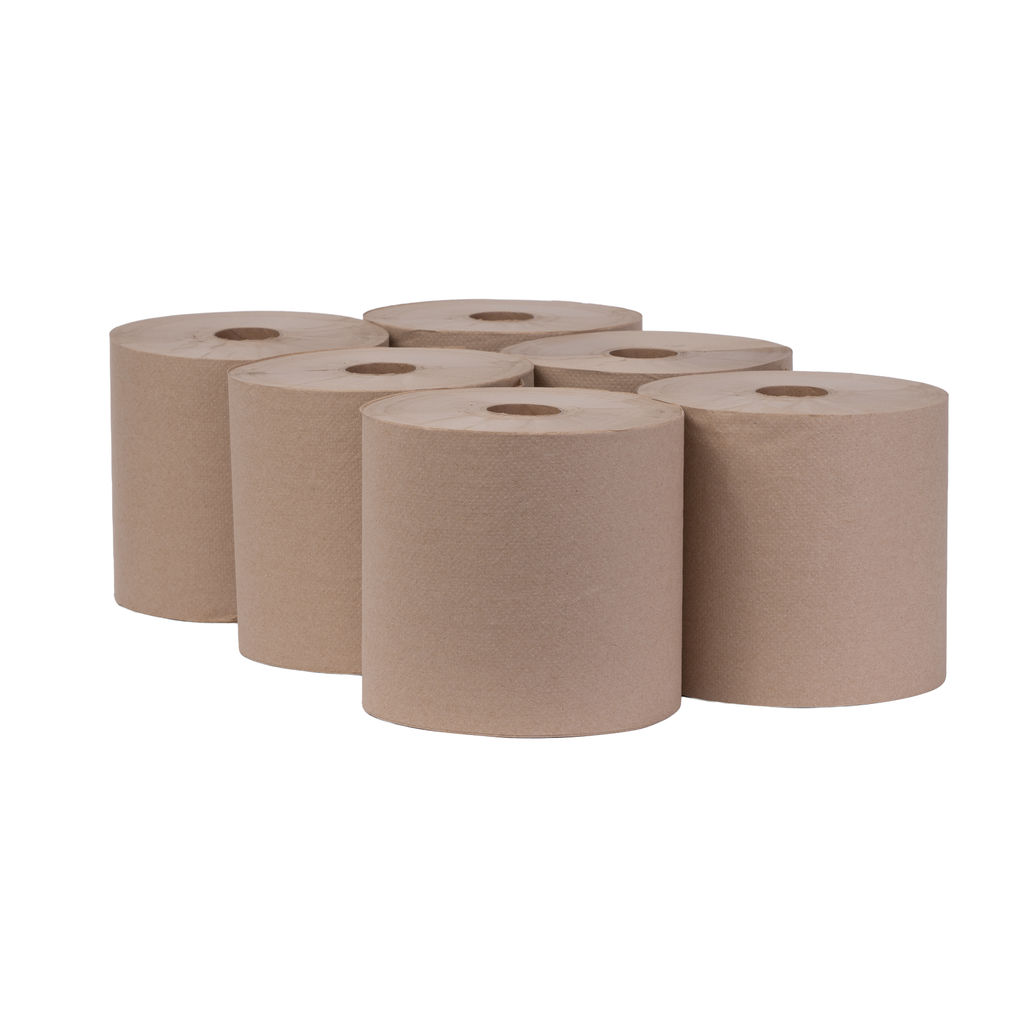 Hardwound Natural Towels in a pack of six, featuring a natural color, designed for universal dispensers, emphasizing eco-friendly materials and absorbency.