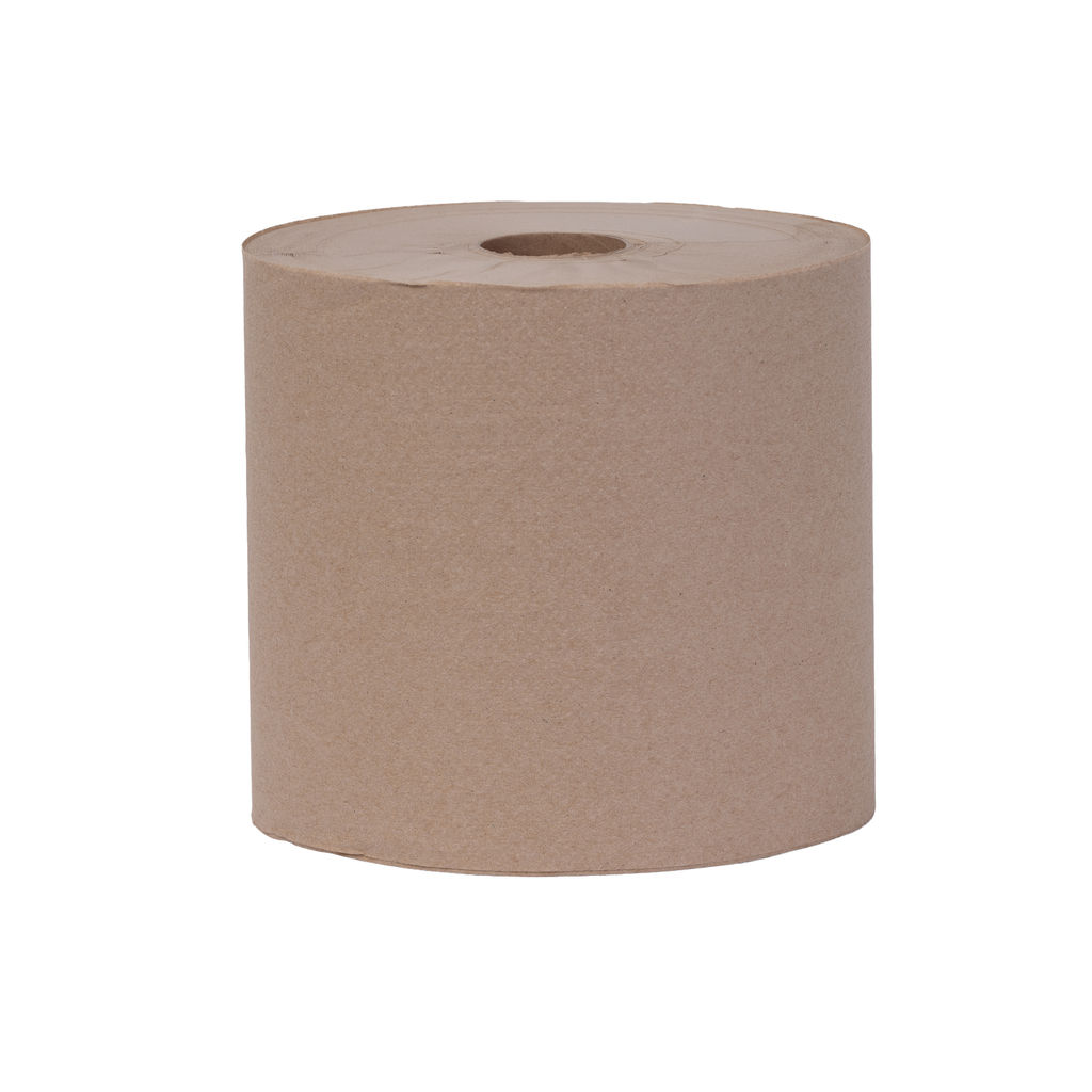 Hardwound natural towel roll, 8 inches wide and 800 feet long, made from 100% recycled materials, suitable for universal dispensers.