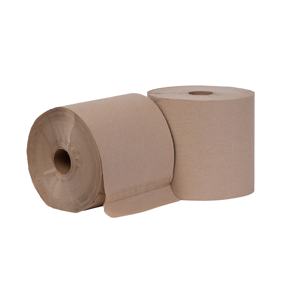 Hardwound natural towels in rolls, showcasing eco-friendly design with 100% recycled material, suitable for universal dispensers.