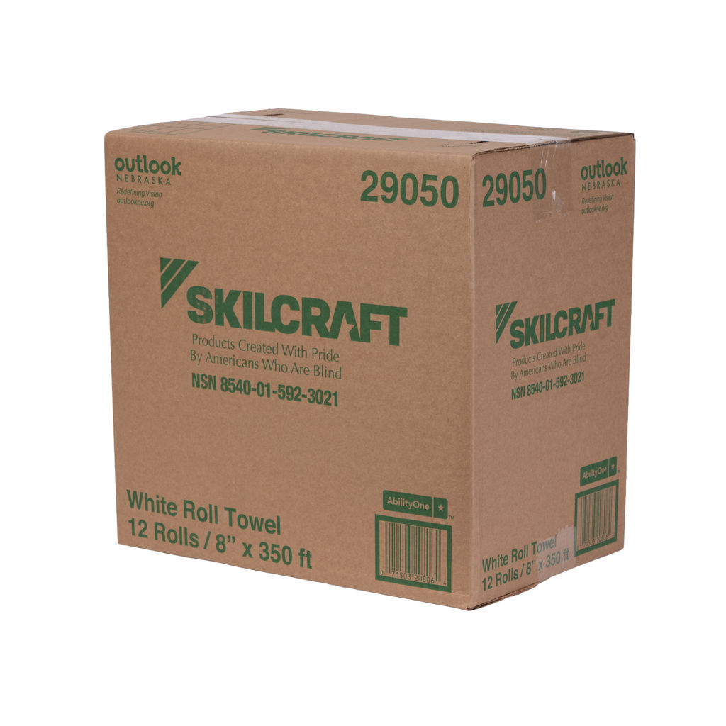 Cardboard box of Hardwound White Towels with SKILCRAFT branding, featuring product details including "12 Rolls / 8” x 350 ft" and "Products Created With Pride By Americans Who Are Blind."
