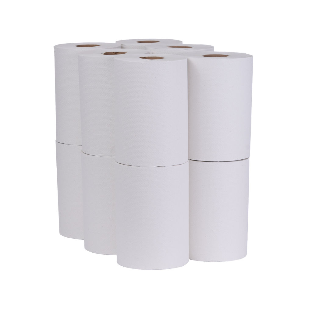 Stack of hardwound white towels, 8-inch rolls, suitable for universal dispensers, highlighting eco-friendly features and absorbency.