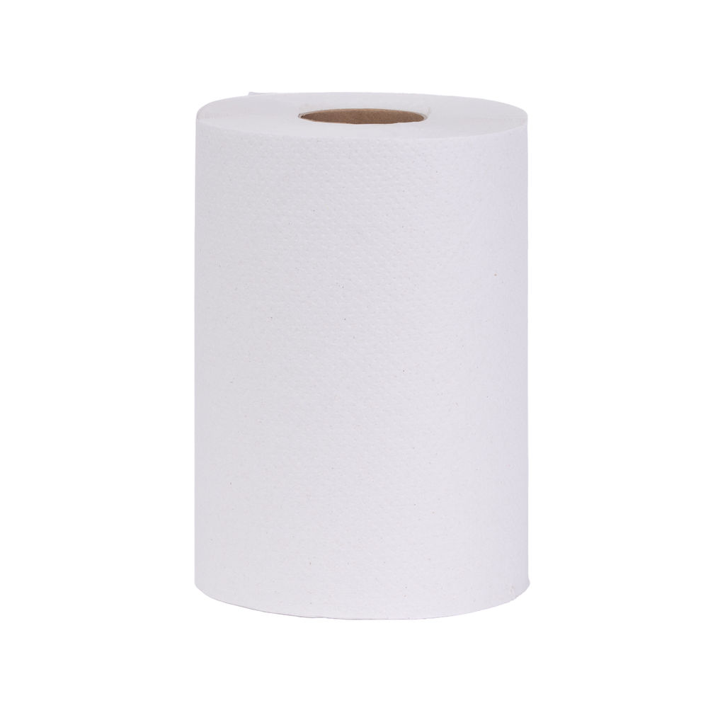 Hardwound white towel roll, 8 inches wide and 350 feet long, suitable for universal dispensers, featuring a micro-emboss design for softness and absorbency.