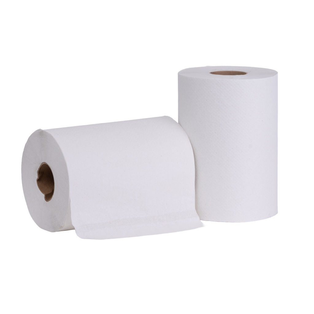 Hardwound white towel rolls, showcasing eco-friendly design, suitable for universal dispensers, highlighting absorbency and softness.